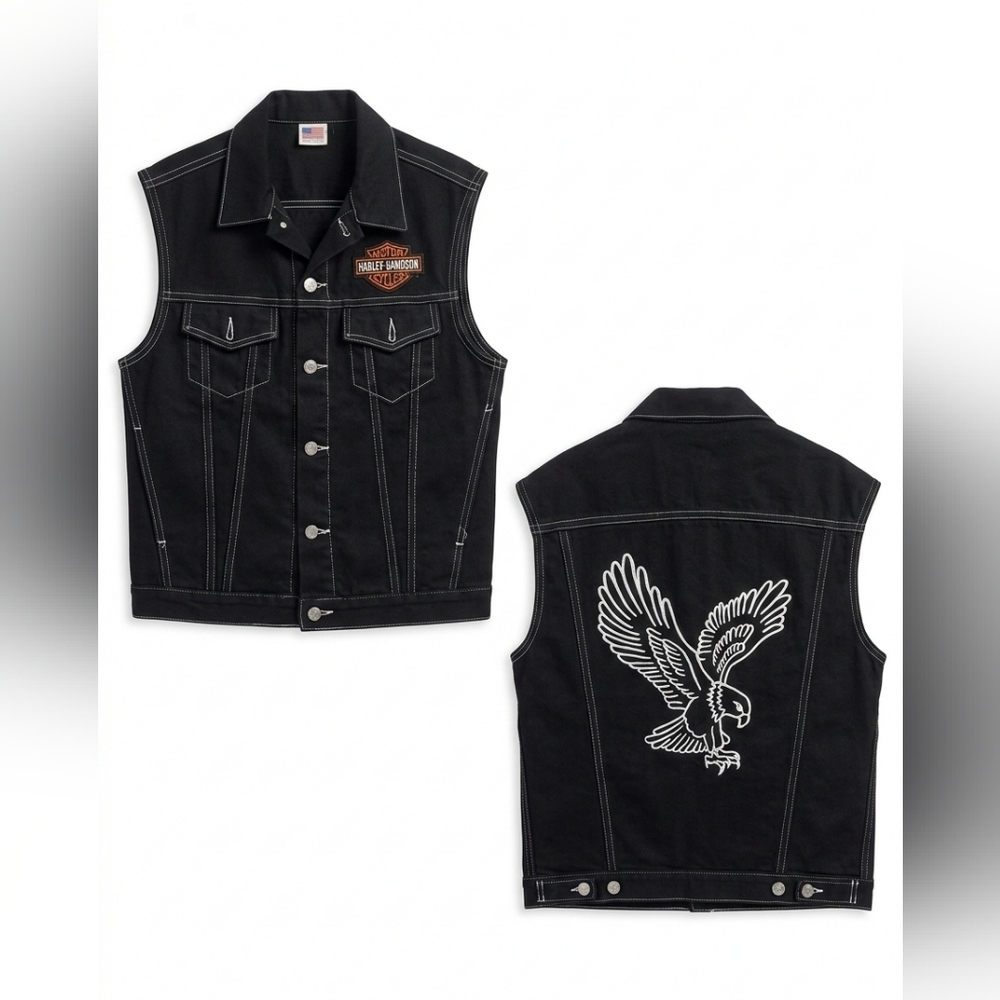 Harley-Davidson Black Vest with Eagle Embroidery Size M. 100 % Cotton.